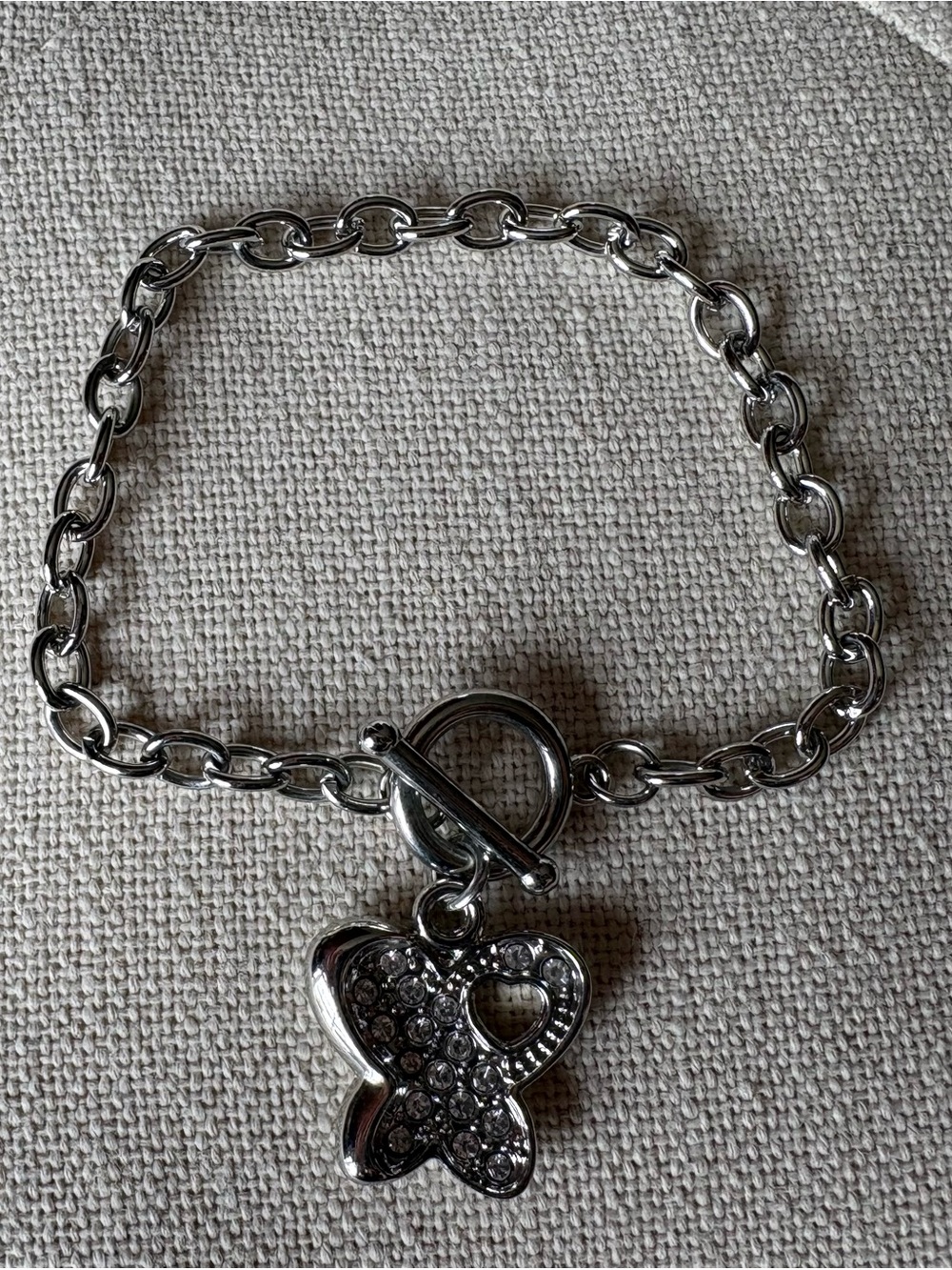 Rhinestone Butterfly Heart Charm Bracelet